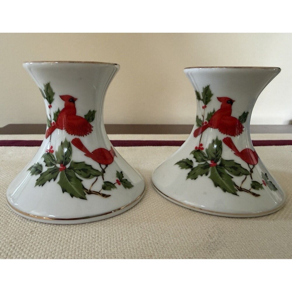 Vintage Lefton China Porcelain Candleholders Cardinal and Holly Berry Set of 2